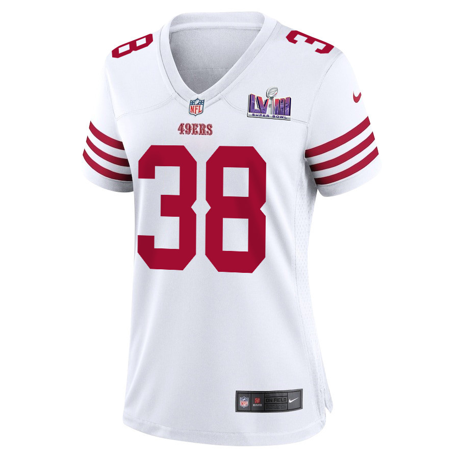 Kemon Hall 38 San Francisco 49ers Super Bowl LVIII Patch Game Women Jersey – White