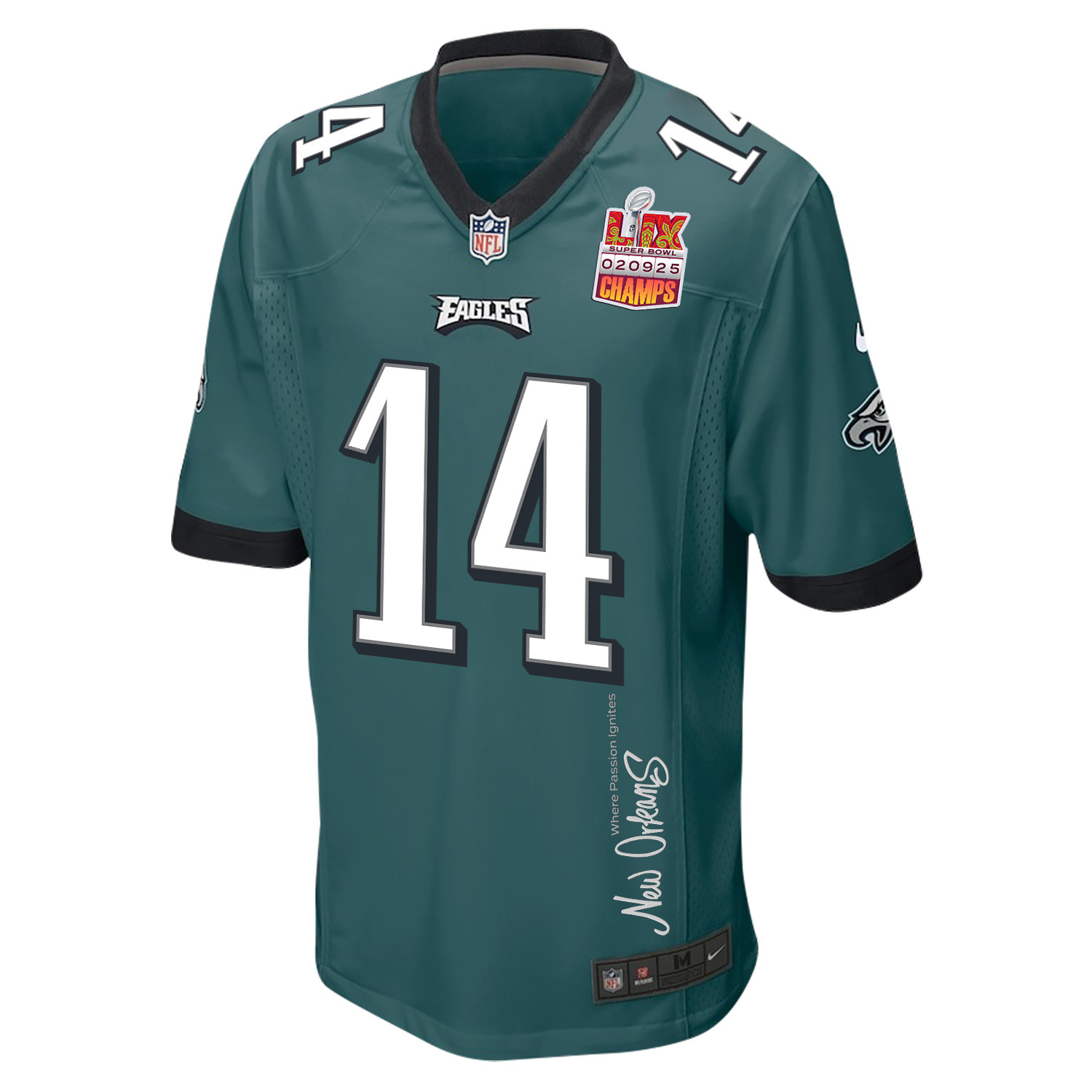Kenneth Gainwell 14 Philadelphia Eagles Super Bowl LIX Champions Patch 'New Orleans - Where Passion Ignites' EMBROIDERED Game Men Jersey - Midnight Green