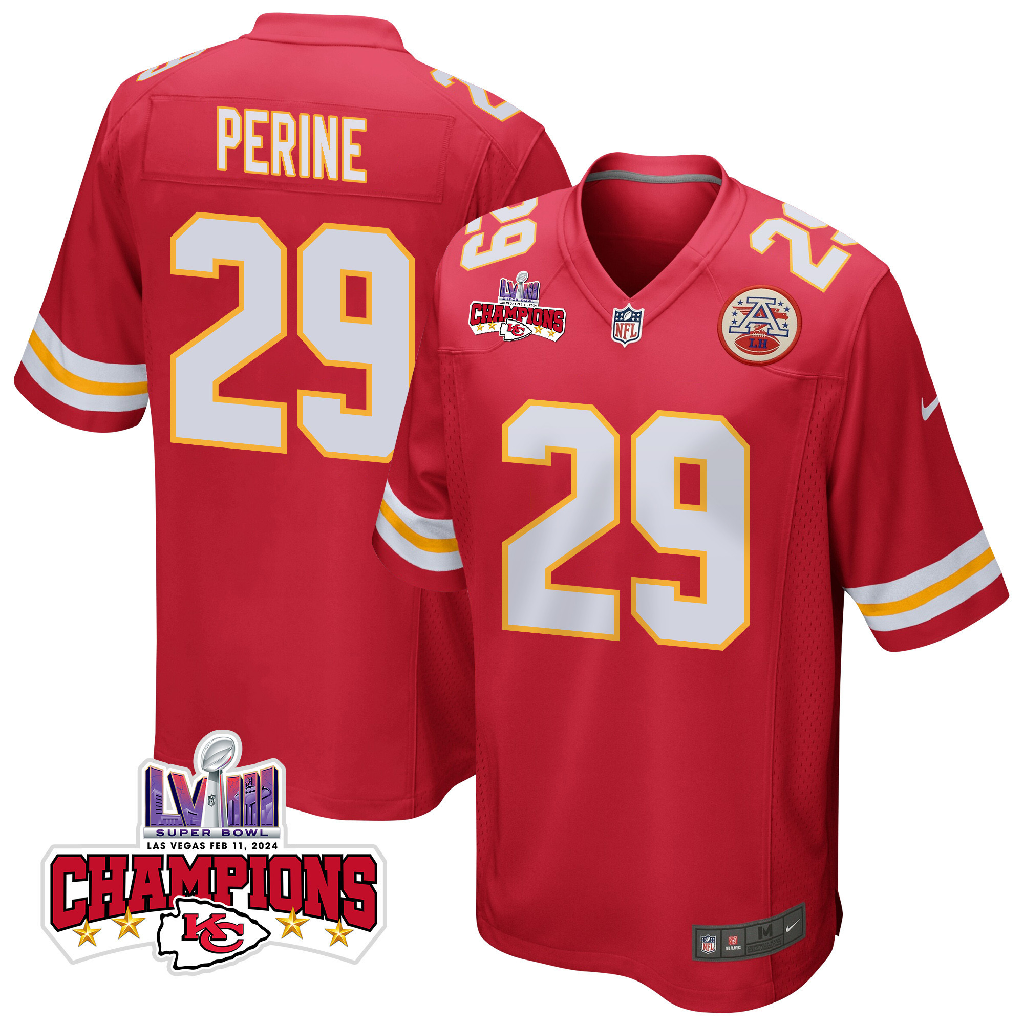 La'Mical Perine 29 Kansas City Chiefs Super Bowl LVIII Champions 4 Stars Patch Game Men Jersey - Red