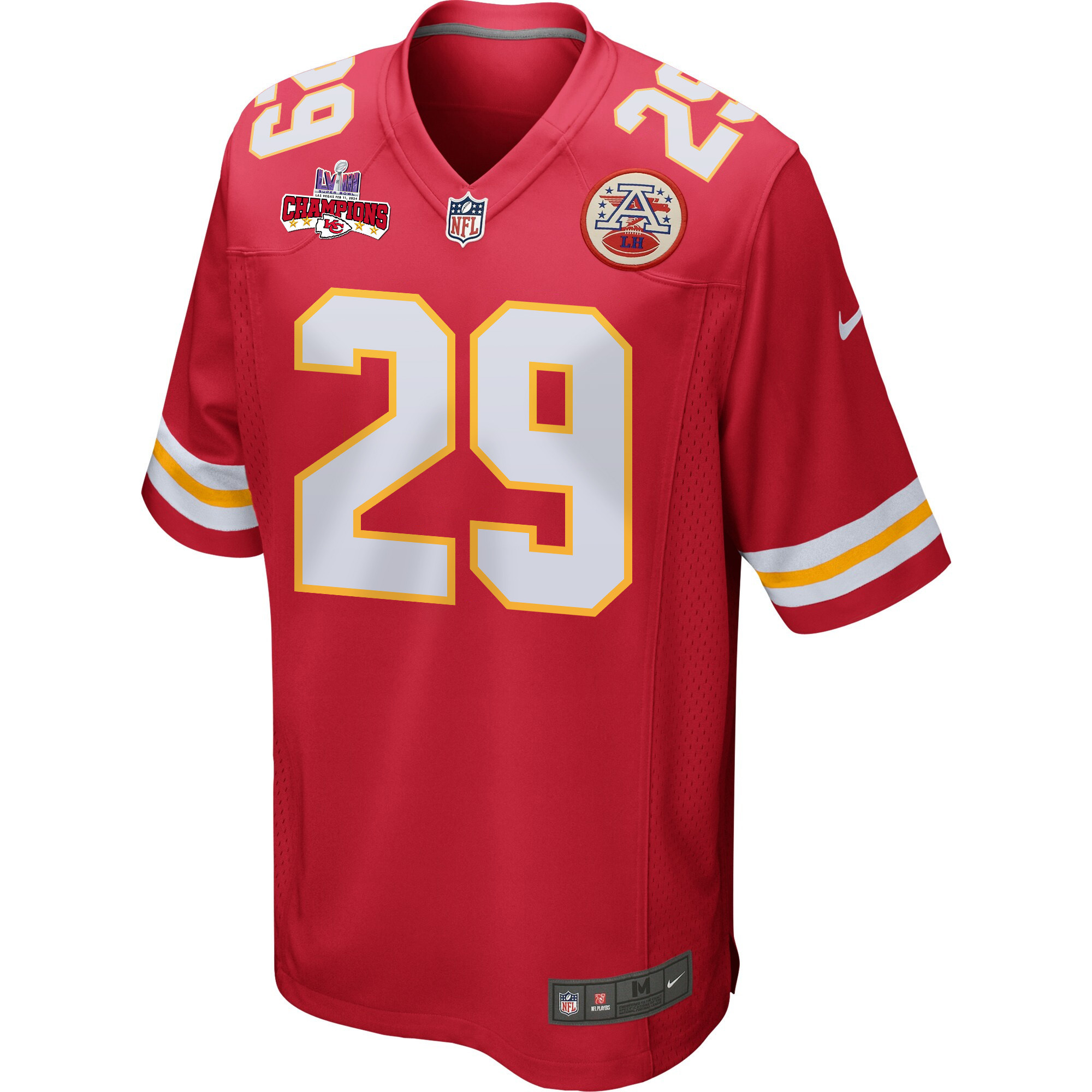 La’Mical Perine 29 Kansas City Chiefs Super Bowl LVIII Champions 4 Stars Patch Game Men Jersey – Red