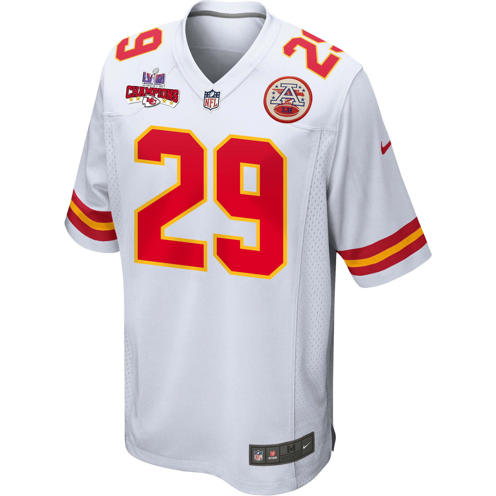La’Mical Perine 29 Kansas City Chiefs Super Bowl LVIII Champions 4 Stars Patch Game Men Jersey – White