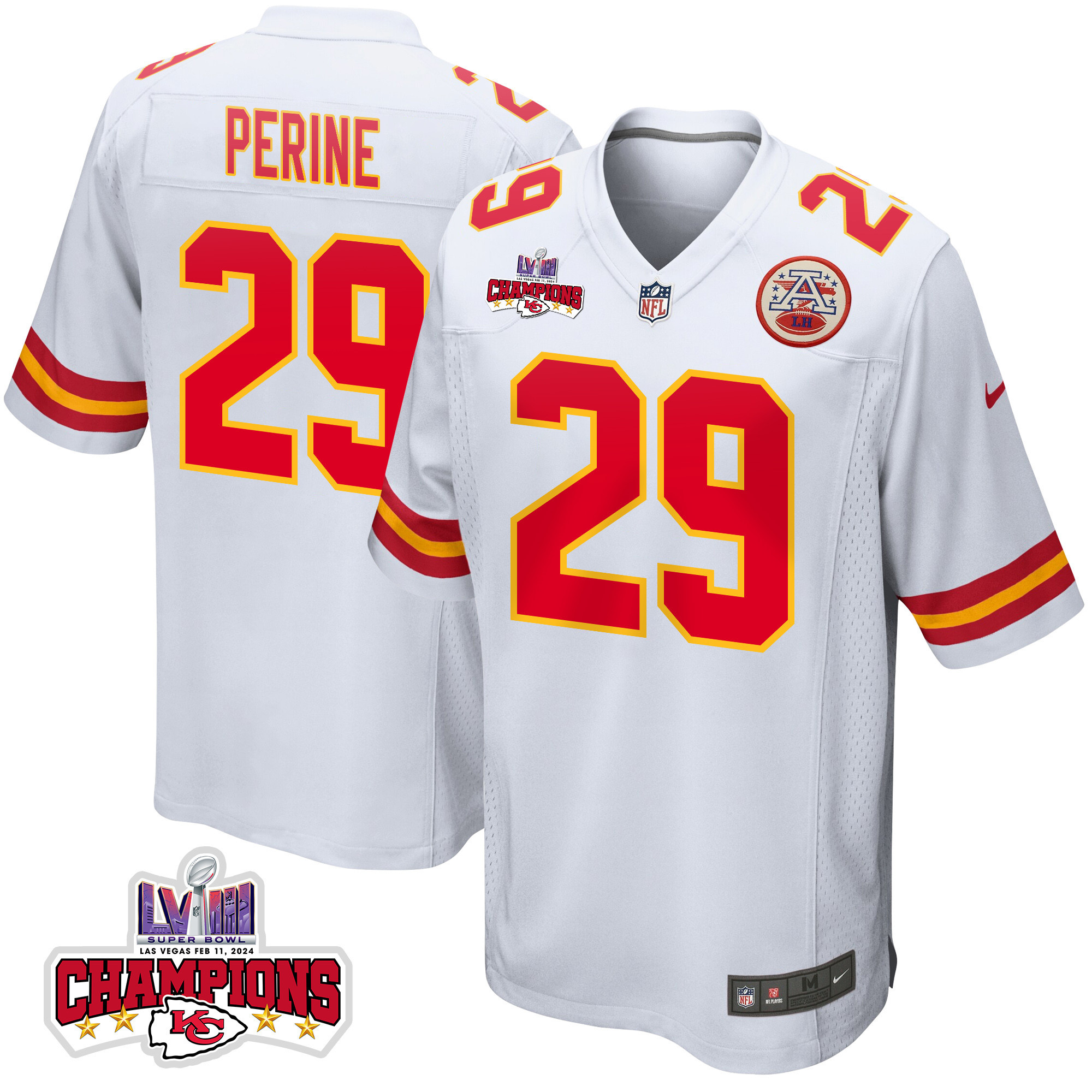 La'Mical Perine 29 Kansas City Chiefs Super Bowl LVIII Champions 4 Stars Patch Game Men Jersey - White