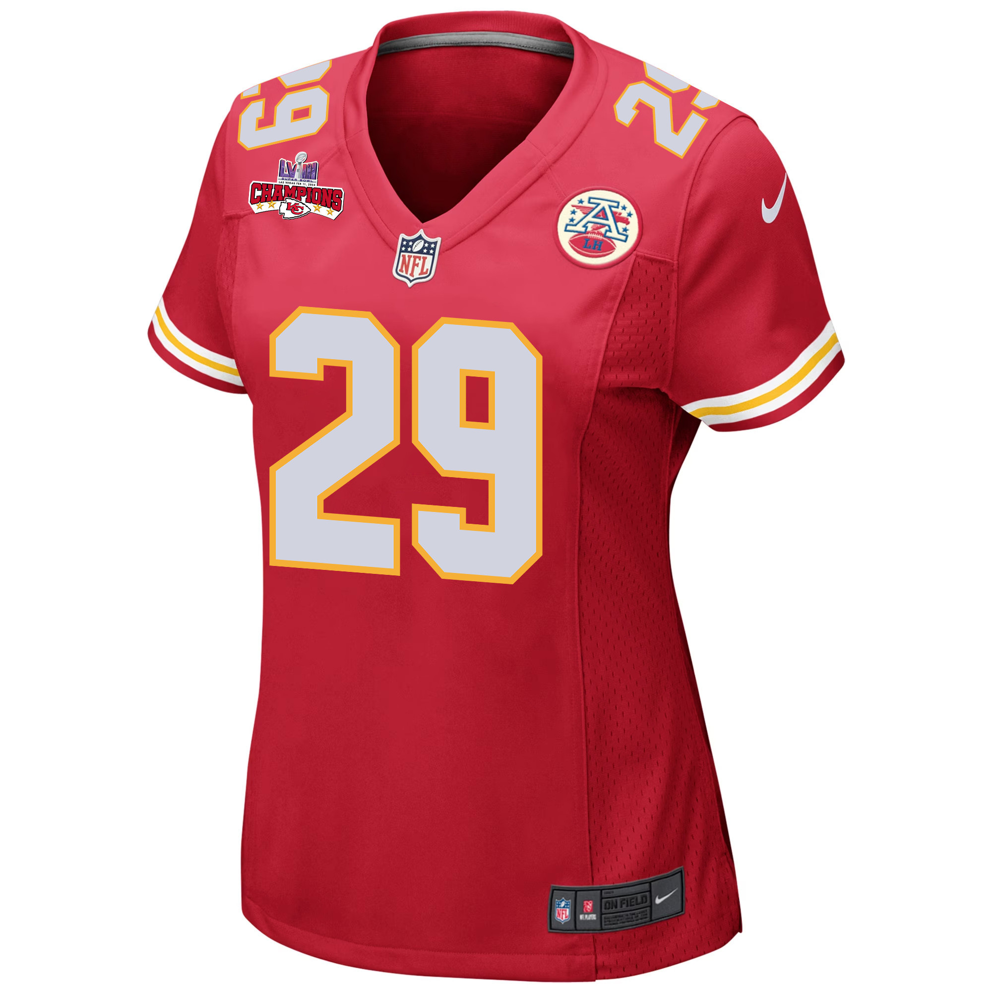 La’Mical Perine 29 Kansas City Chiefs Super Bowl LVIII Champions 4 Stars Patch Game Women Jersey – Red