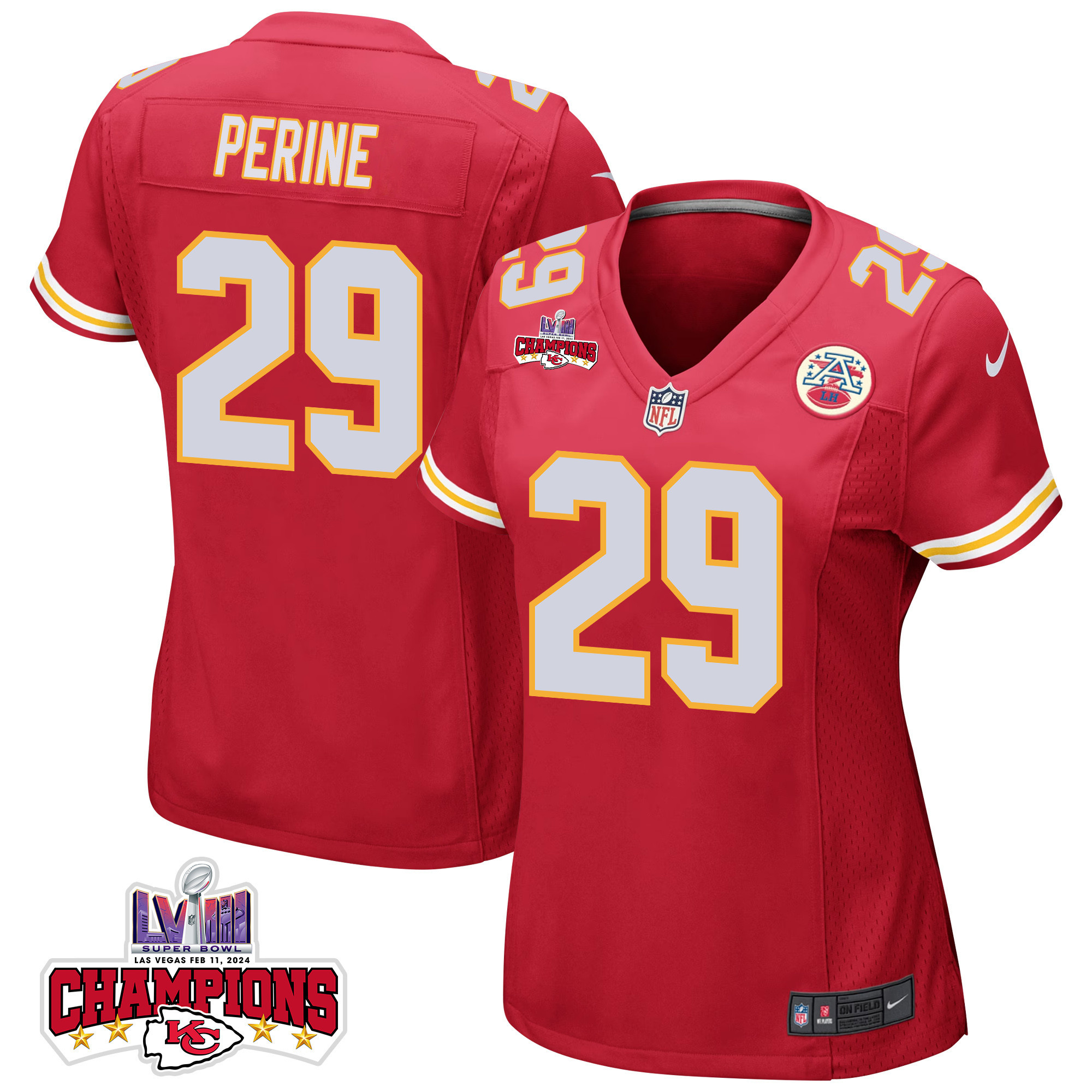 La'Mical Perine 29 Kansas City Chiefs Super Bowl LVIII Champions 4 Stars Patch Game Women Jersey - Red