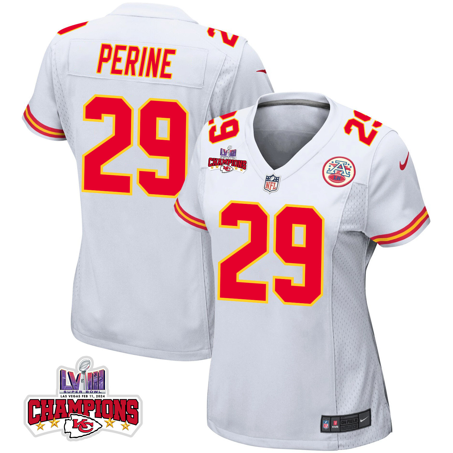La'Mical Perine 29 Kansas City Chiefs Super Bowl LVIII Champions 4 Stars Patch Game Women Jersey - White