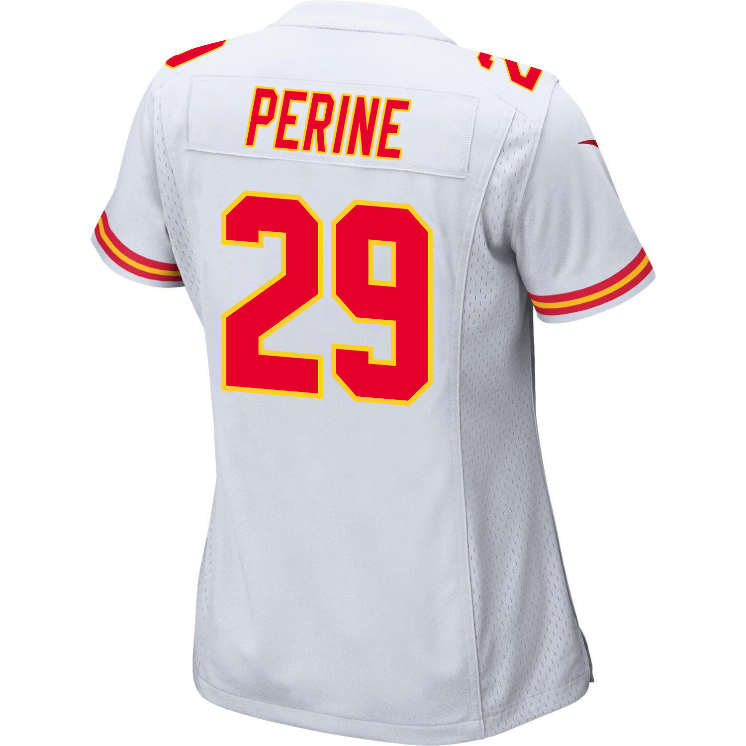 La'Mical Perine 29 Kansas City Chiefs Super Bowl LVIII Champions 4 Stars Patch Game Women Jersey - White