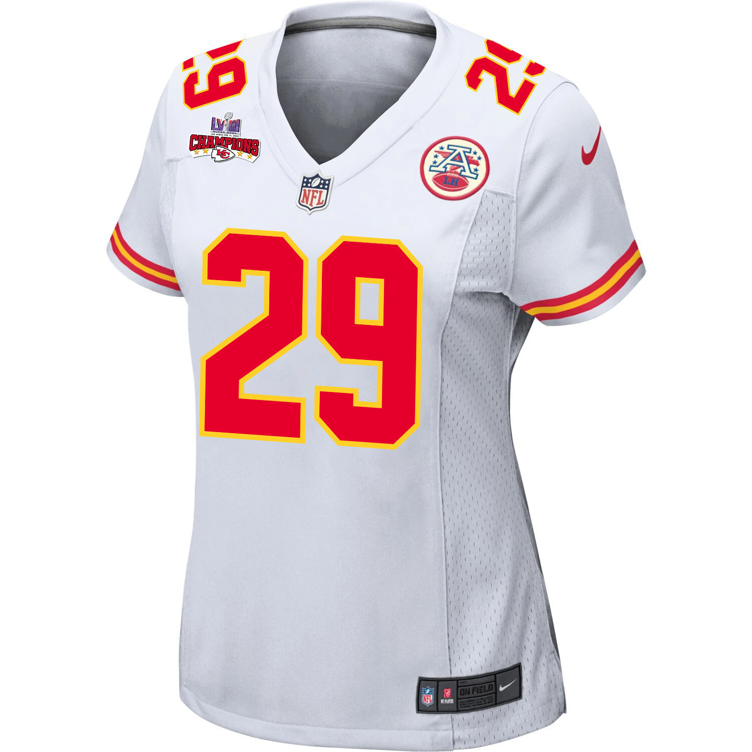 La’Mical Perine 29 Kansas City Chiefs Super Bowl LVIII Champions 4 Stars Patch Game Women Jersey – White