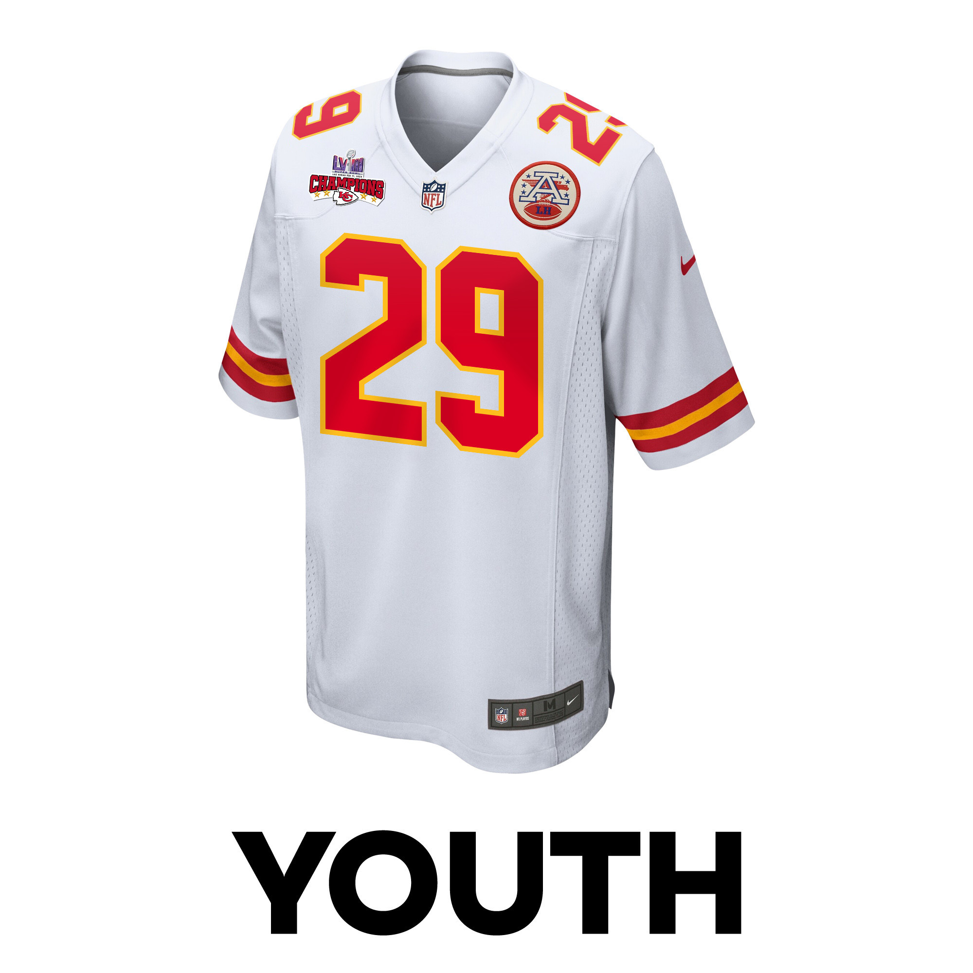 La’Mical Perine 29 Kansas City Chiefs Super Bowl LVIII Champions 4 Stars Patch Game YOUTH Jersey – White