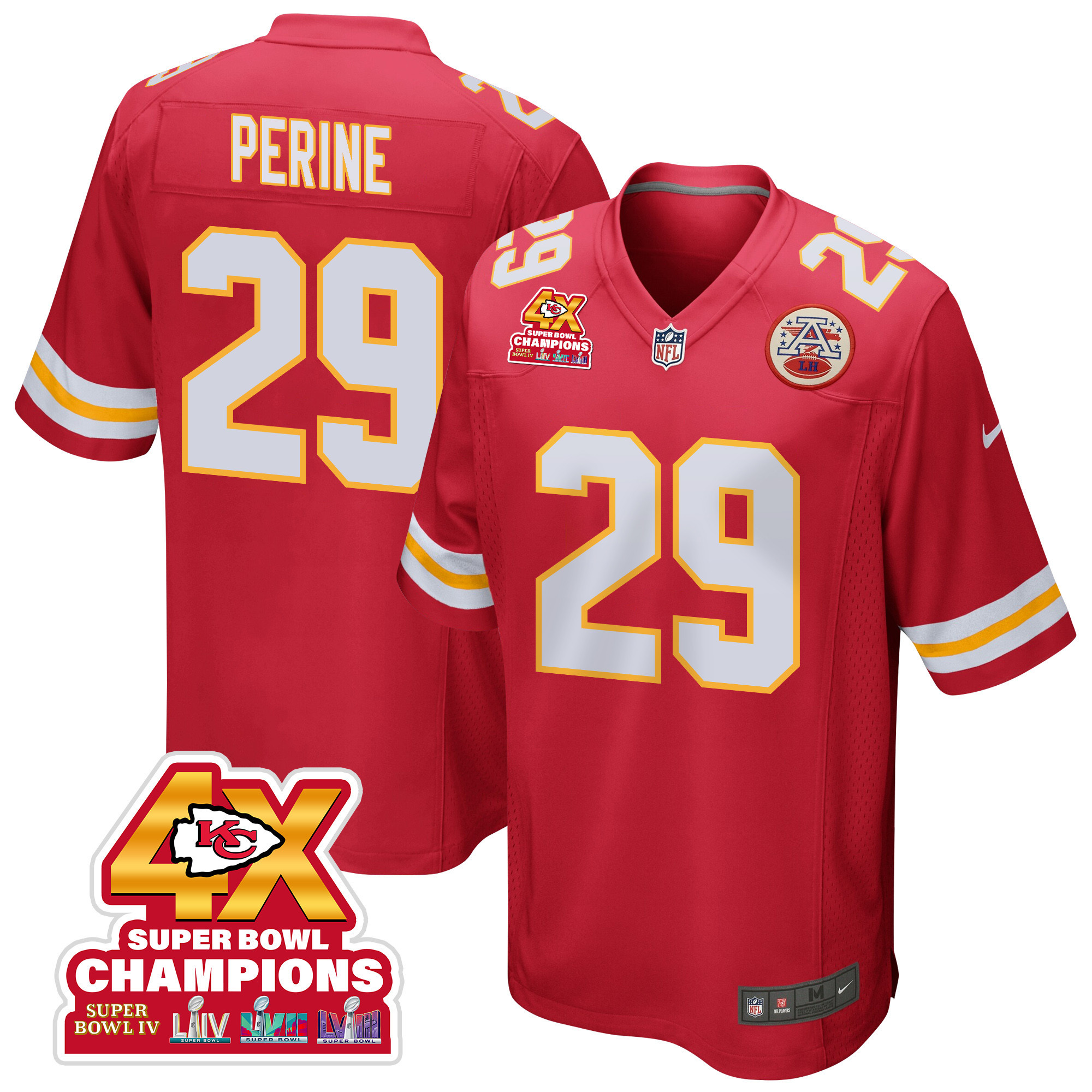 La'Mical Perine 29 Kansas City Chiefs Super Bowl LVIII Champions 4X Game Men Jersey - Red