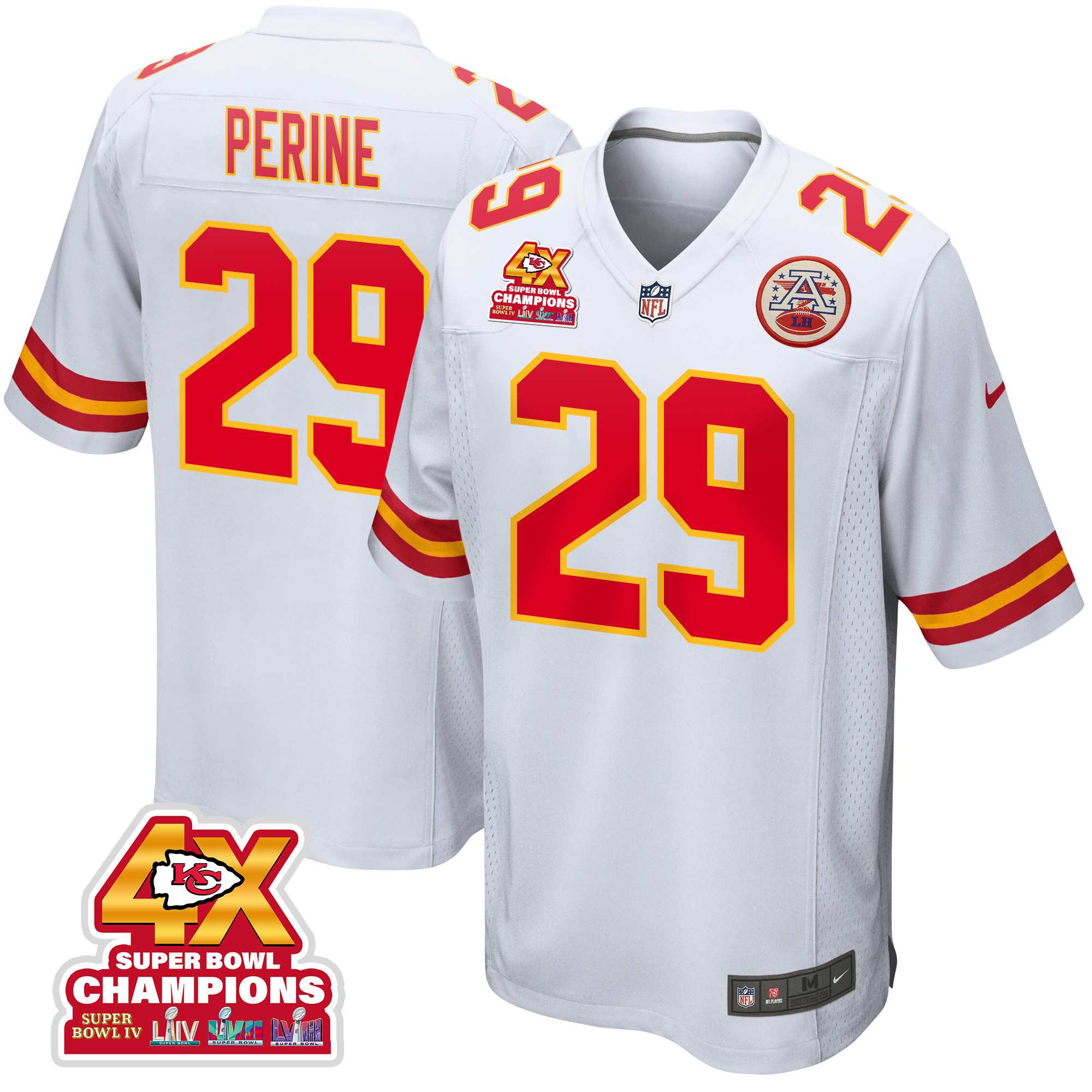 La'Mical Perine 29 Kansas City Chiefs Super Bowl LVIII Champions 4X Game Men Jersey - White