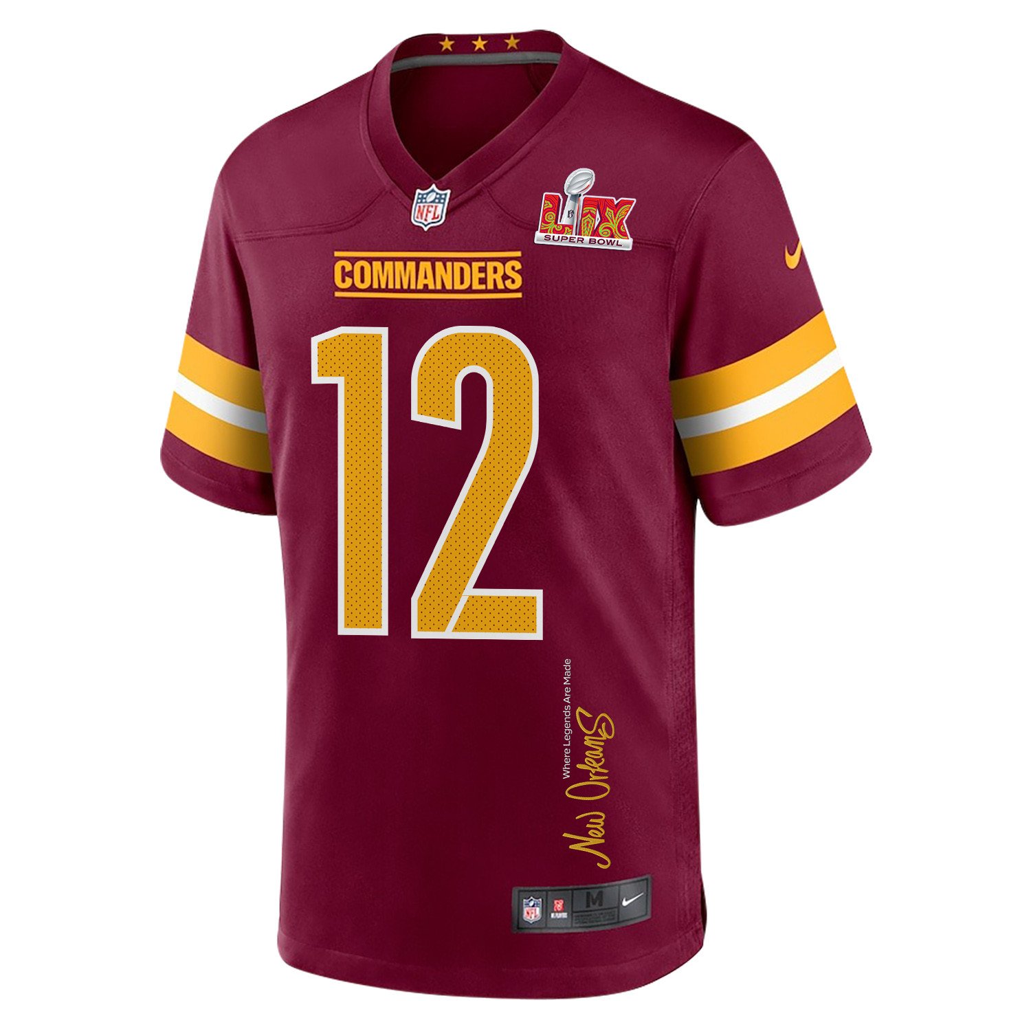 Luke McCaffrey 12 Washington Commanders Super Bowl LIX 'New Orleans - Where Legends Are Made' EMBROIDERED Game Men Jersey - Burgundy