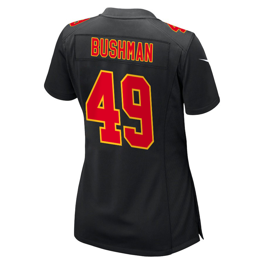 Matt Bushman 49 Kansas City Chiefs Super Bowl LVIII Champions 4 Stars Patch Fashion Game Women Jersey - Carbon Black