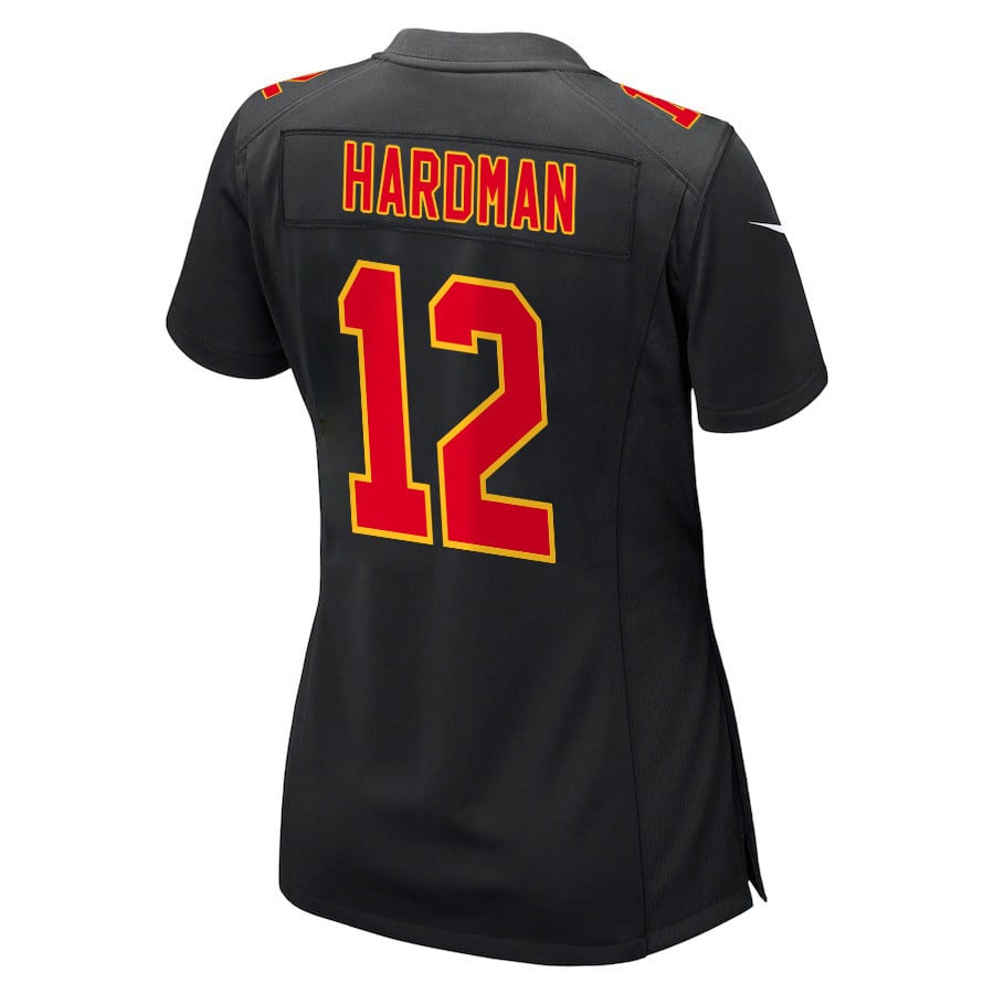 Mecole Hardman 12 Kansas City Chiefs Super Bowl LVIII Champions 4 Stars Patch Fashion Game Women Jersey - Carbon Black