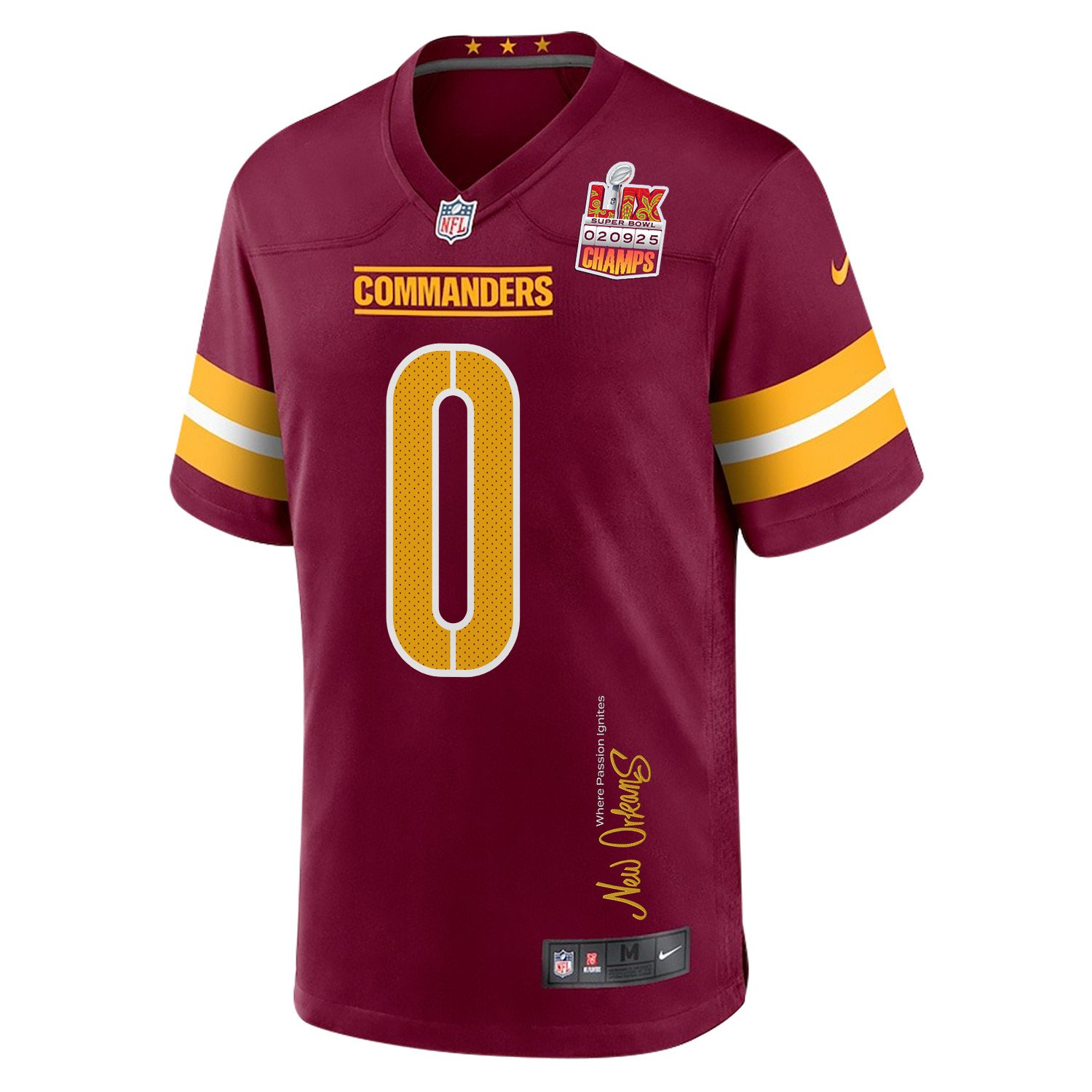 Mike Sainristil 0 Washington Commanders Super Bowl LIX Champions Patch 'New Orleans - Where Passion Ignites' EMBROIDERED Game Men Jersey - Burgundy