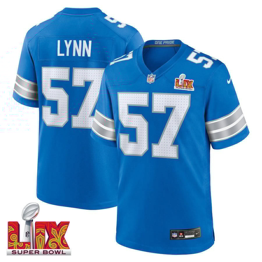 Nate Lynn #57 Detroit Lions Super Bowl LIX Jersey - Men's - Blue