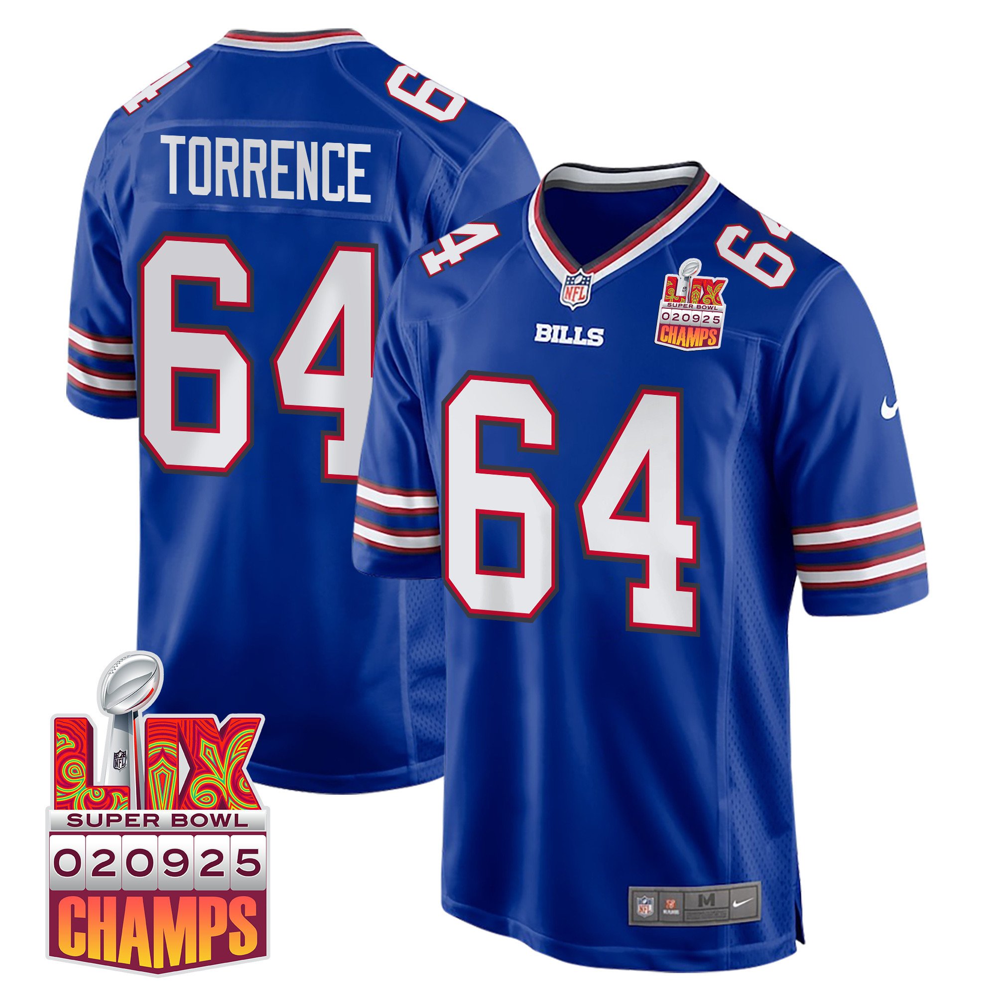 O'Cyrus Torrence 64 Buffalo Bills Super Bowl LIX Champions Patch Game Men Jersey - Royal