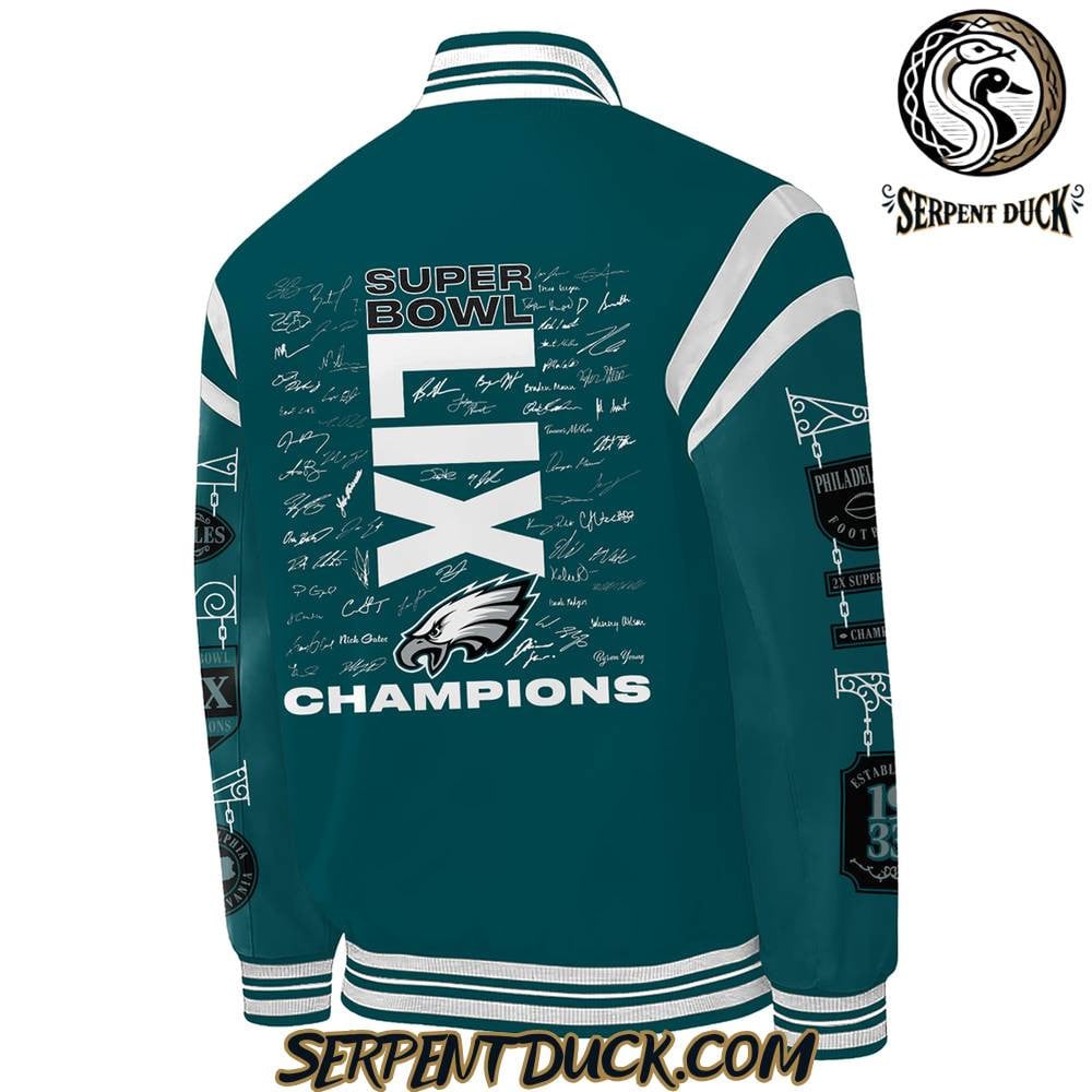Philadelphia Eagles Champions Super Bowl LIX 2025 Signature All Team Baseball Jacket Varsity Jacket - Midnight Green - All-Over-Printed Jacket