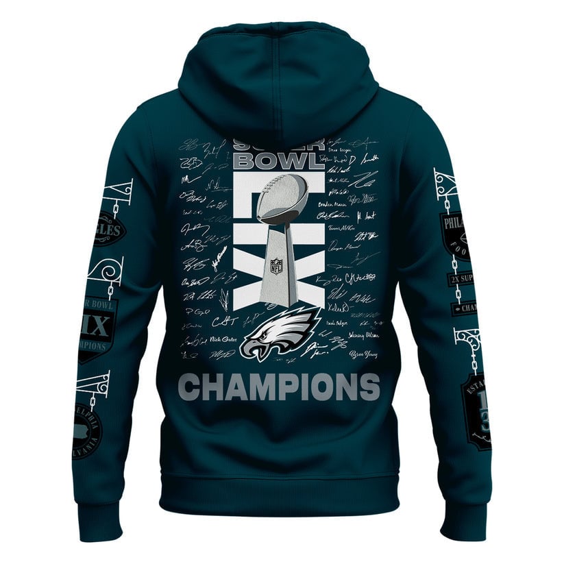 Philadelphia Eagles Super Bowl LIX Champions 2025 Eagles Team All Over Printed Hoodie - Midnight Green