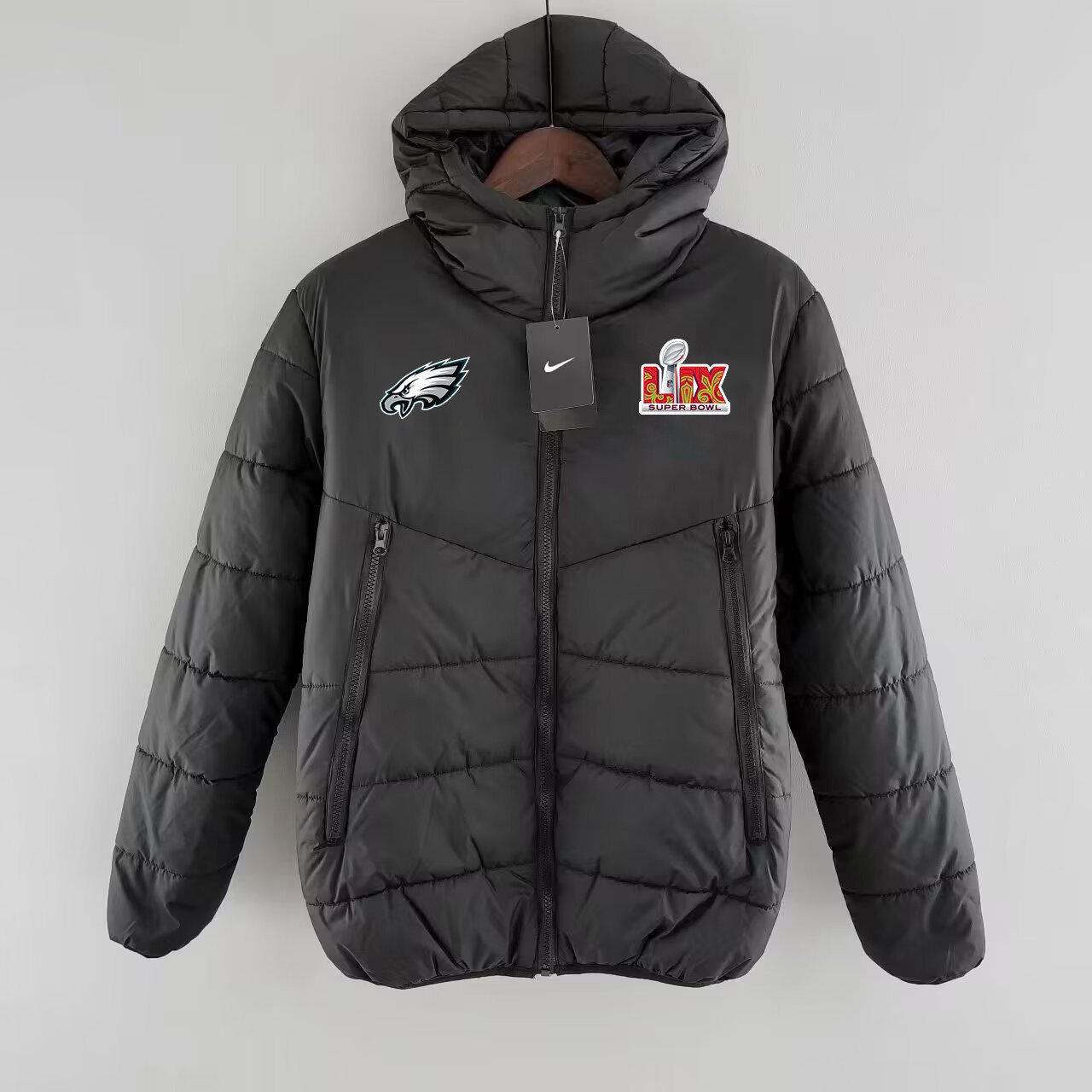 Philadelphia Eagles Super Bowl LIX Patch Hooded Puffer Jacket - Black
