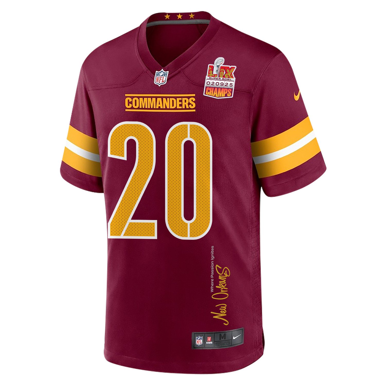 Quan Martin 20 Washington Commanders Super Bowl LIX Champions Patch 'New Orleans - Where Passion Ignites' EMBROIDERED Game Men Jersey - Burgundy
