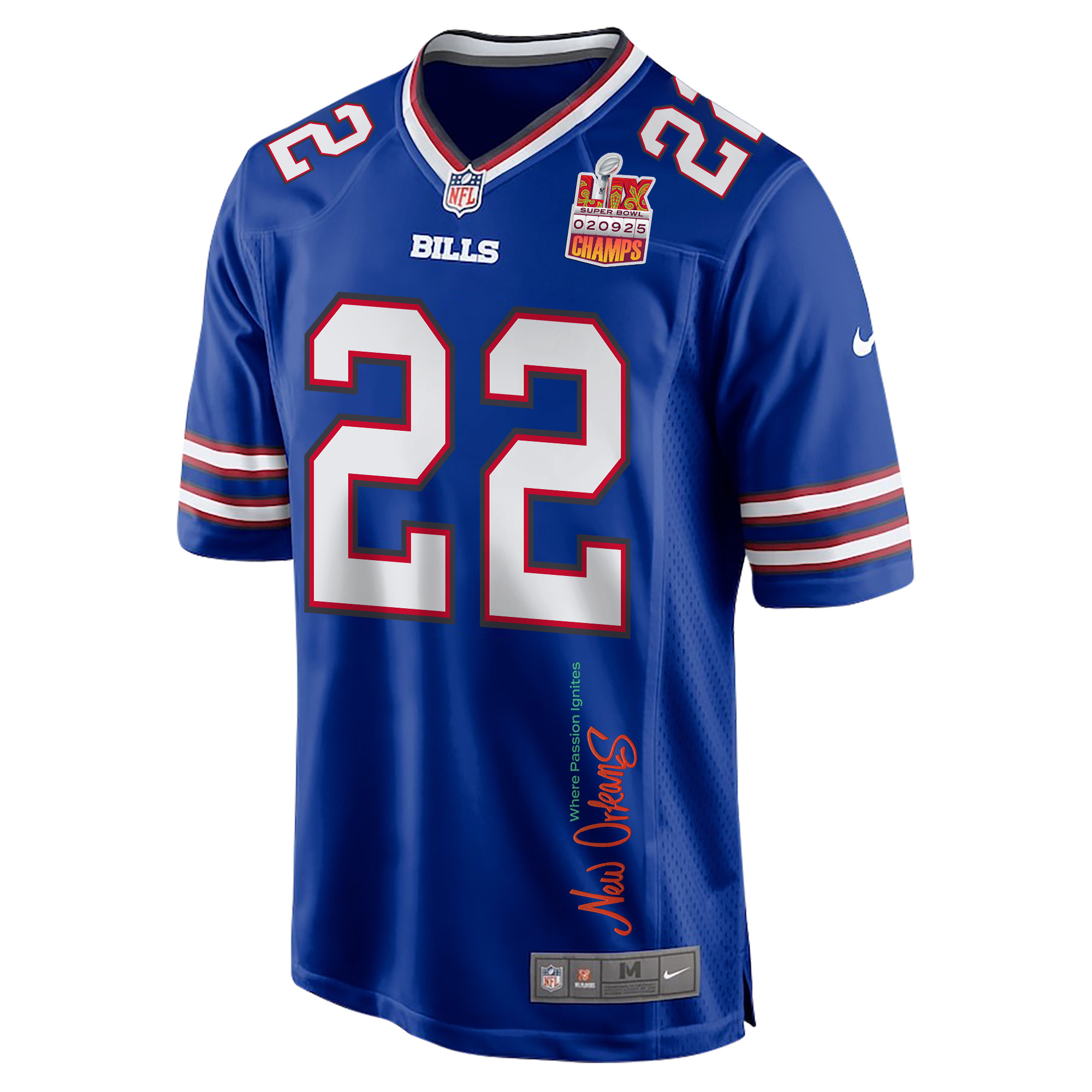 Ray Davis 22 Buffalo Bills Super Bowl LIX Champions Patch 'New Orleans - Where Passion Ignites' EMBROIDERED Game Men Jersey - Royal