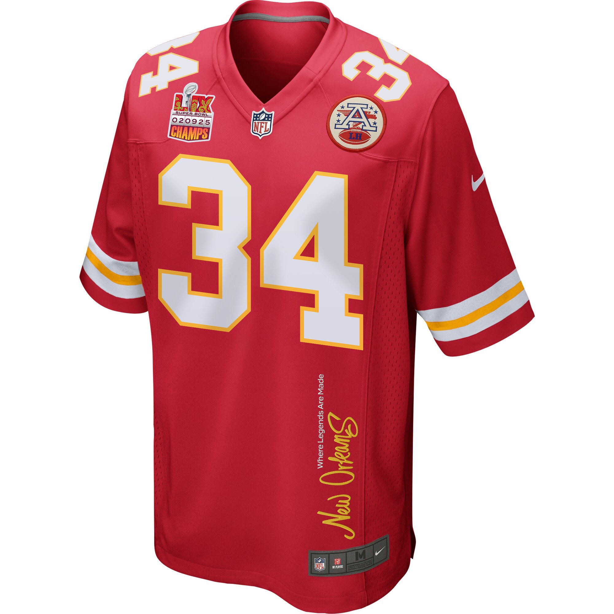 Samaje Perine 34 Kansas City Chiefs Super Bowl LIX Champions Patch 'New Orleans - Where Legends Are Made' EMBROIDERED Game Men Jersey - Red