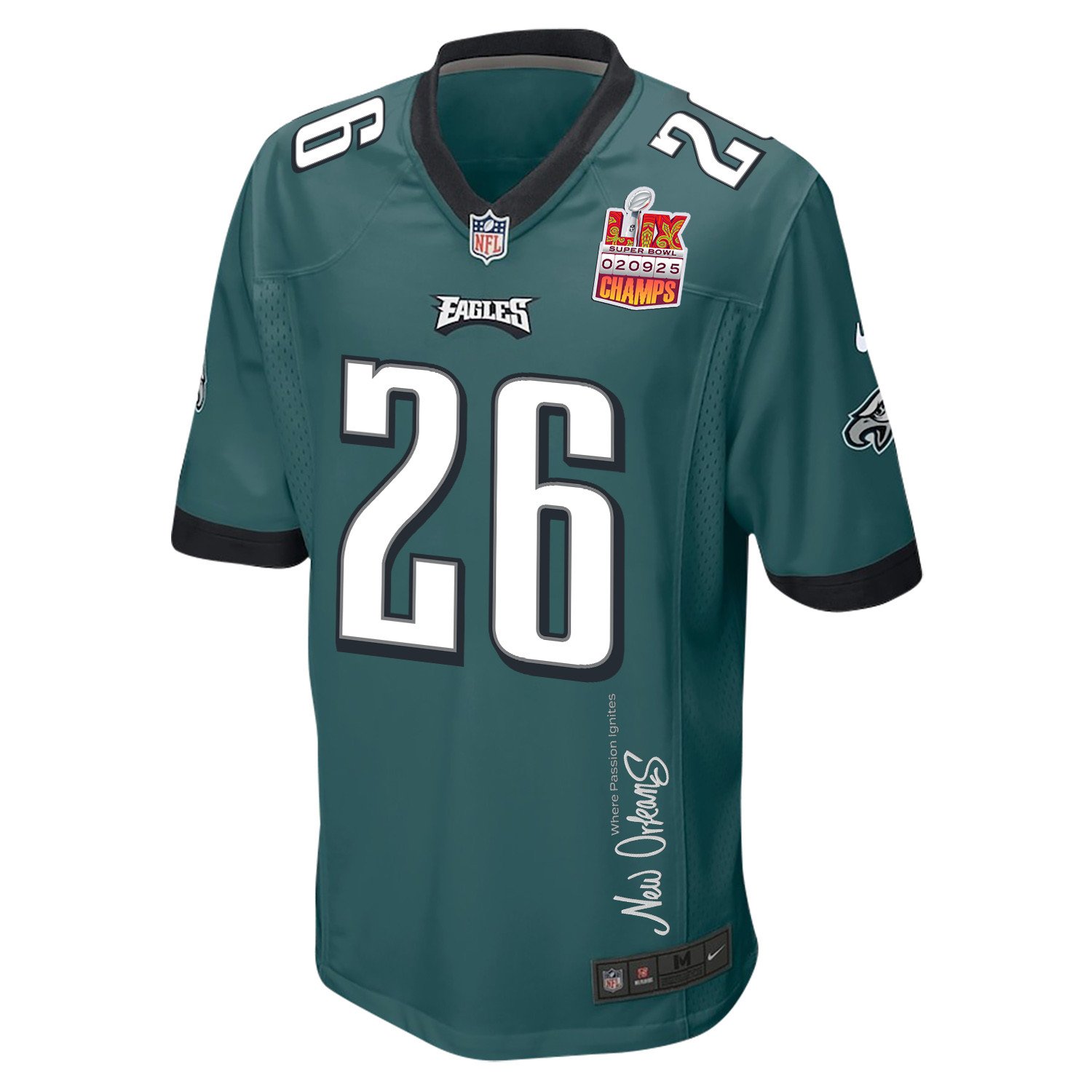 Saquon Barkley 26 Philadelphia Eagles Super Bowl LIX Champions Patch 'New Orleans - Where Passion Ignites' EMBROIDERED Game Men Jersey - Midnight Green