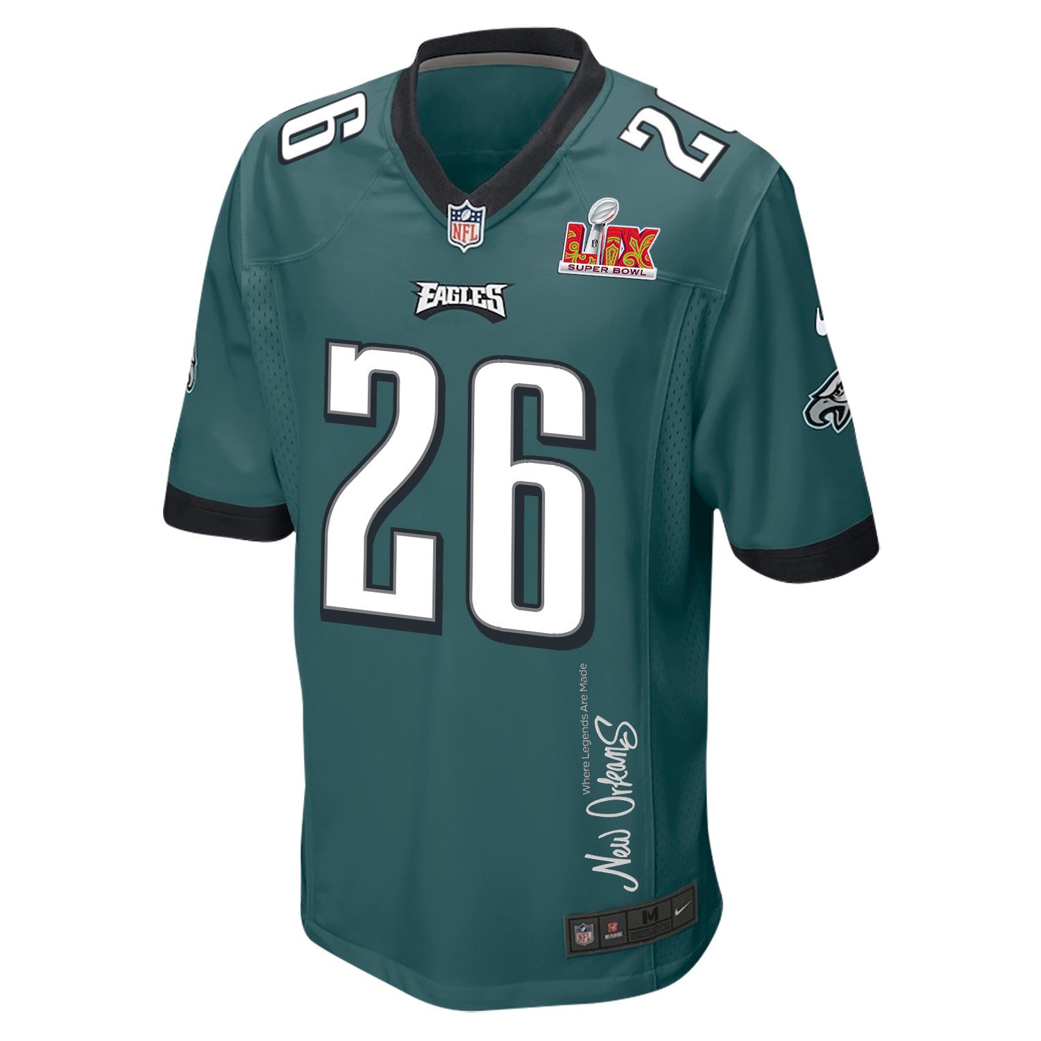 Saquon Barkley 26 Philadelphia Eagles Super Bowl LIX 'New Orleans - Where Legends Are Made' EMBROIDERED Game Men Jersey - Midnight Green
