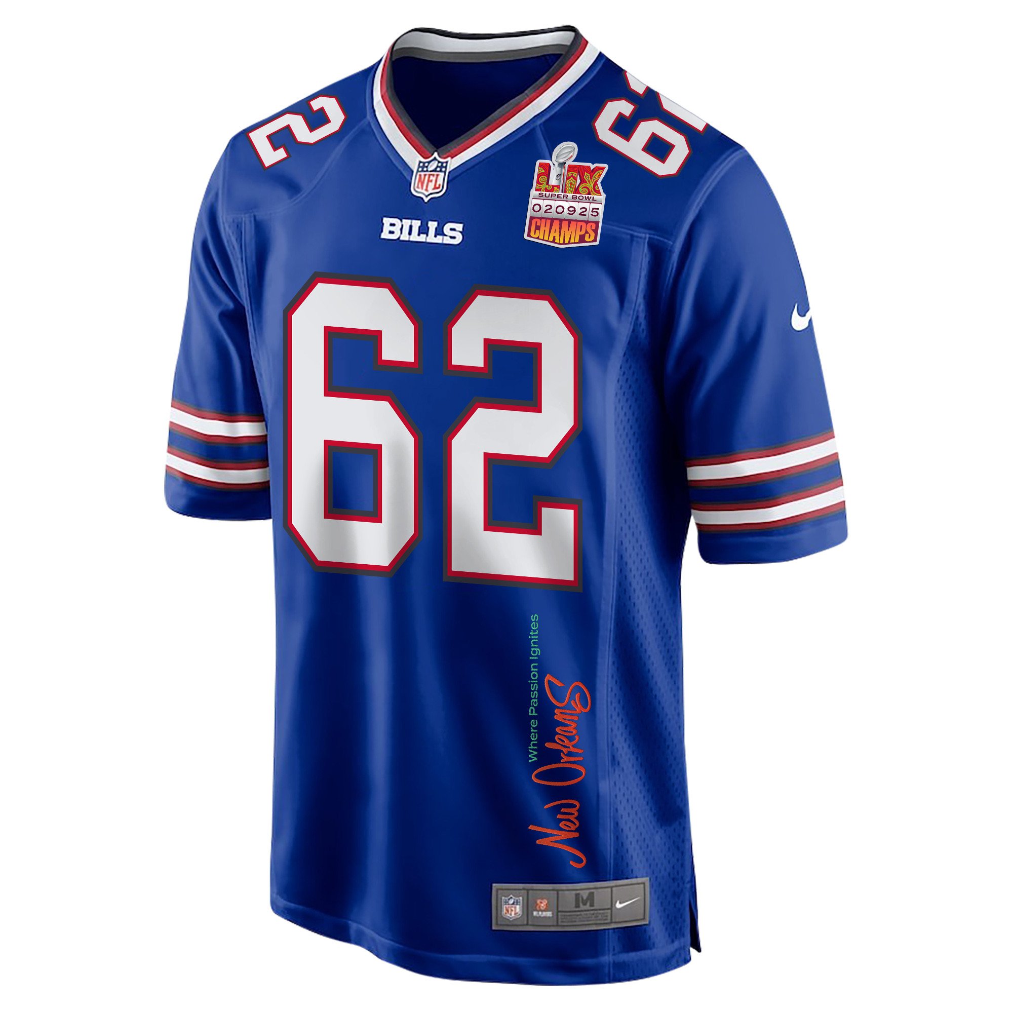 Sedrick Van Pran-Granger 62 Buffalo Bills Super Bowl LIX Champions Patch 'New Orleans - Where Passion Ignites' EMBROIDERED Game Men Jersey - Royal