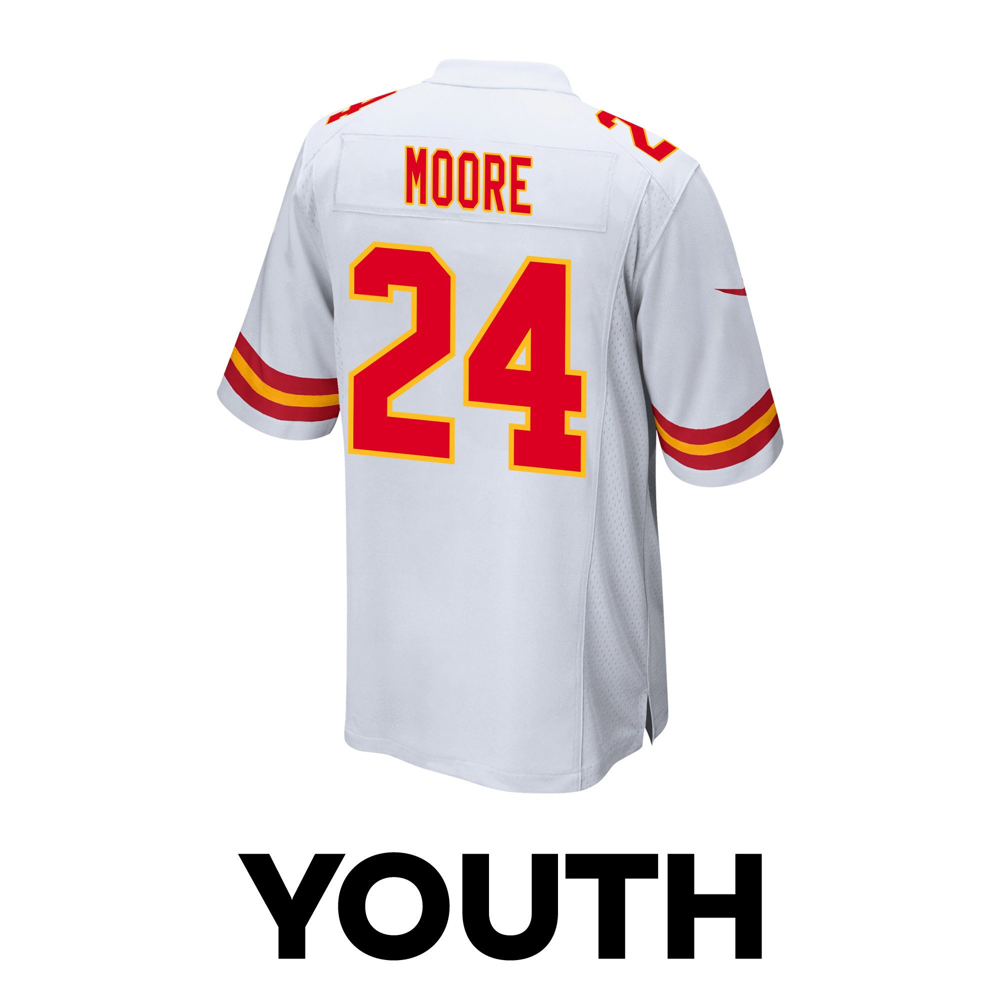 Skyy Moore 24 Kansas City Chiefs Super Bowl LVIII Patch Game YOUTH Jersey - White