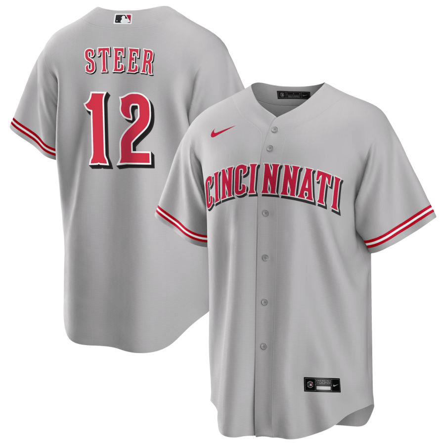 Spencer Steer Cincinnati Reds Road Gray Baseball Player Jersey