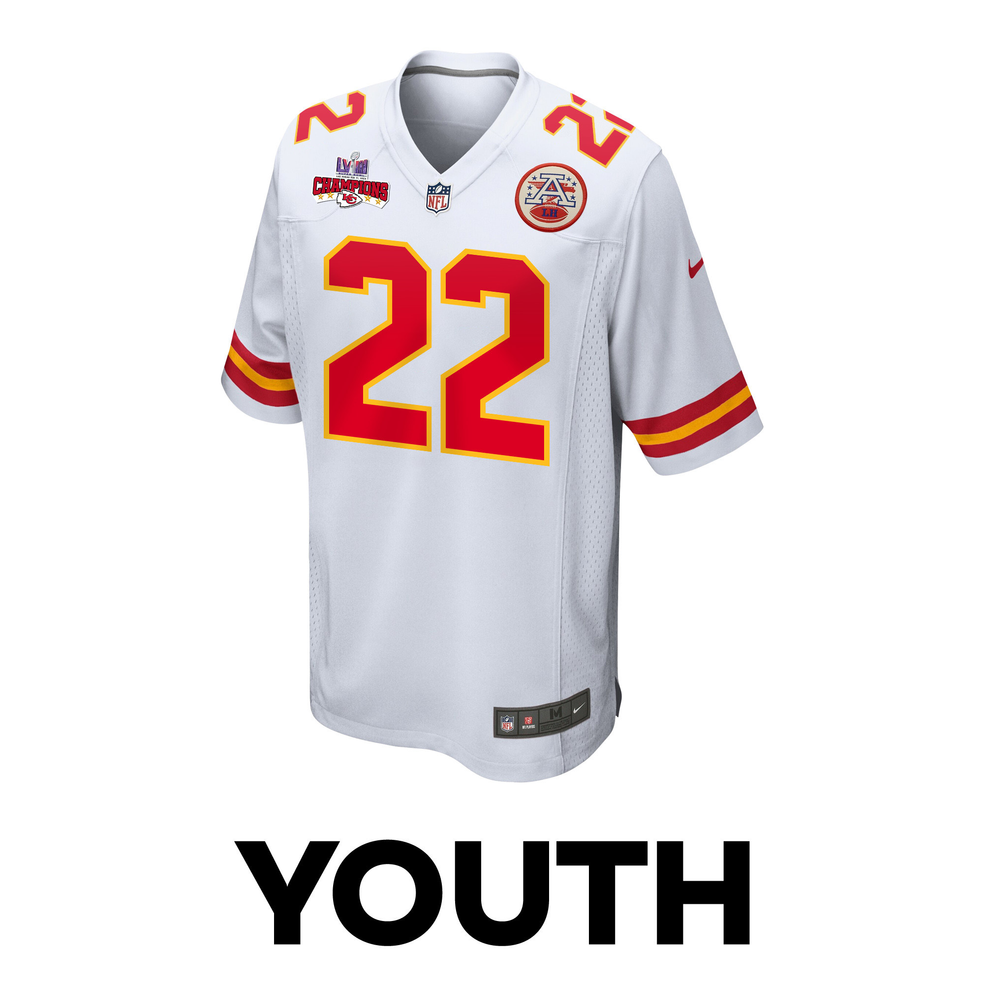 Trent McDuffie 22 Kansas City Chiefs Super Bowl LVIII Champions 4 Stars Patch Game YOUTH Jersey – White