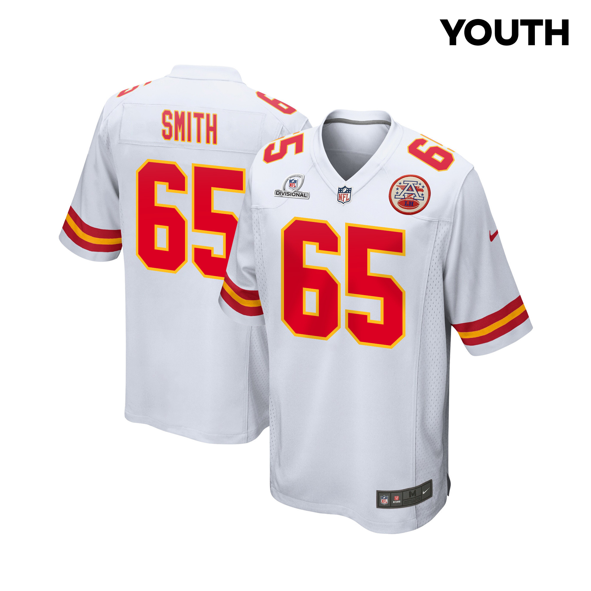 Trey Smith 65 Kansas City Chiefs Super Bowl LVIII Patch Game YOUTH Jersey - White