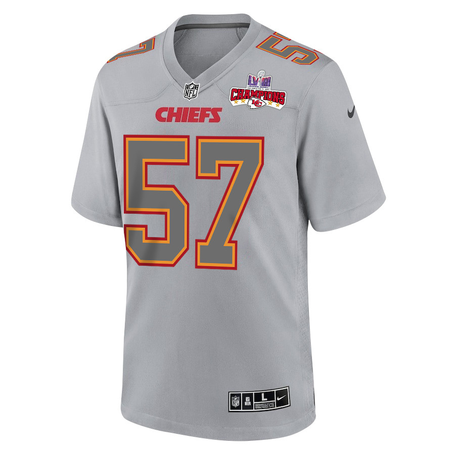 Truman Jones 57 Kansas City Chiefs Super Bowl LVIII Champions 4 Stars Patch Atmosphere Fashion Game Men Jersey – Gray