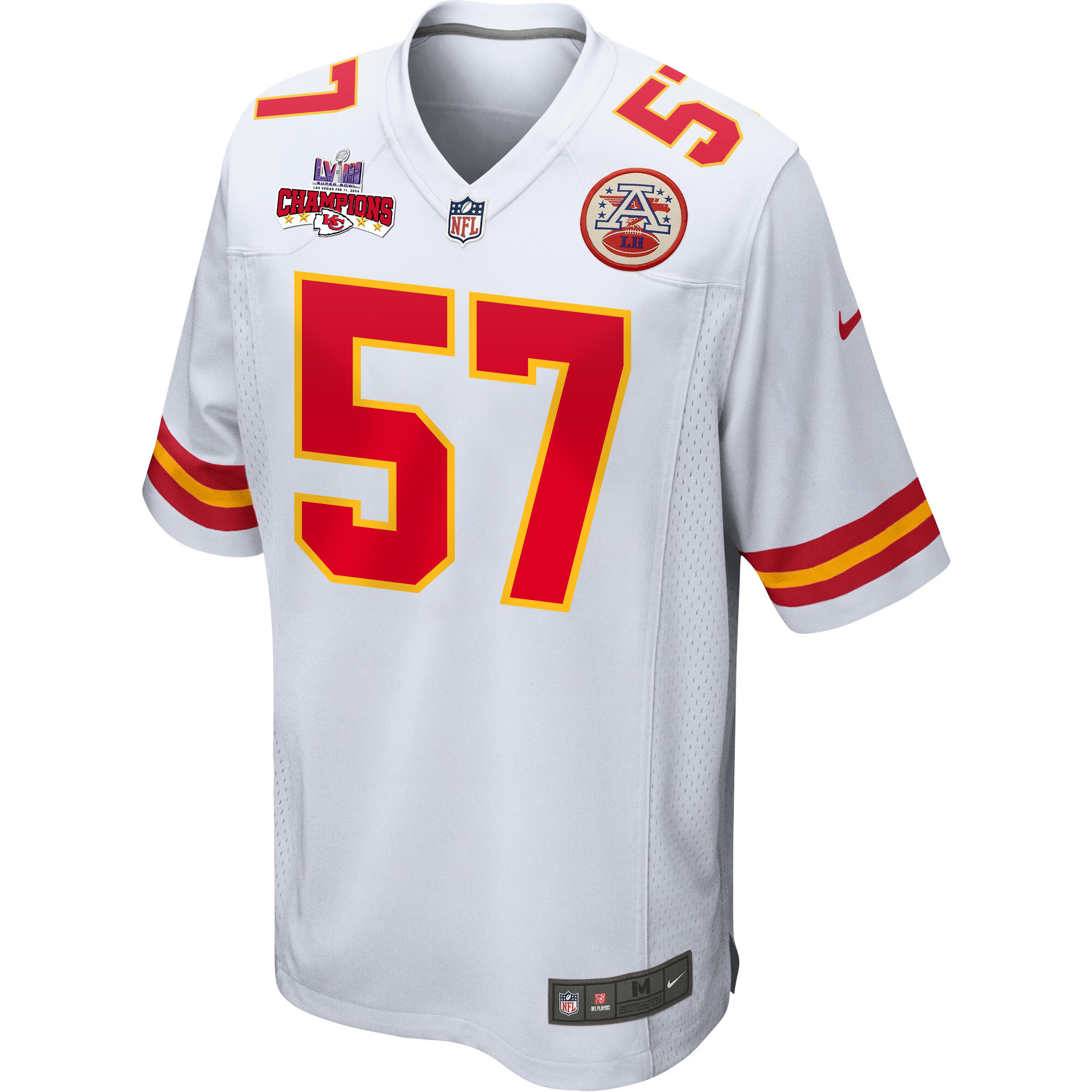 Truman Jones 57 Kansas City Chiefs Super Bowl LVIII Champions 4 Stars Patch Game Men Jersey – White