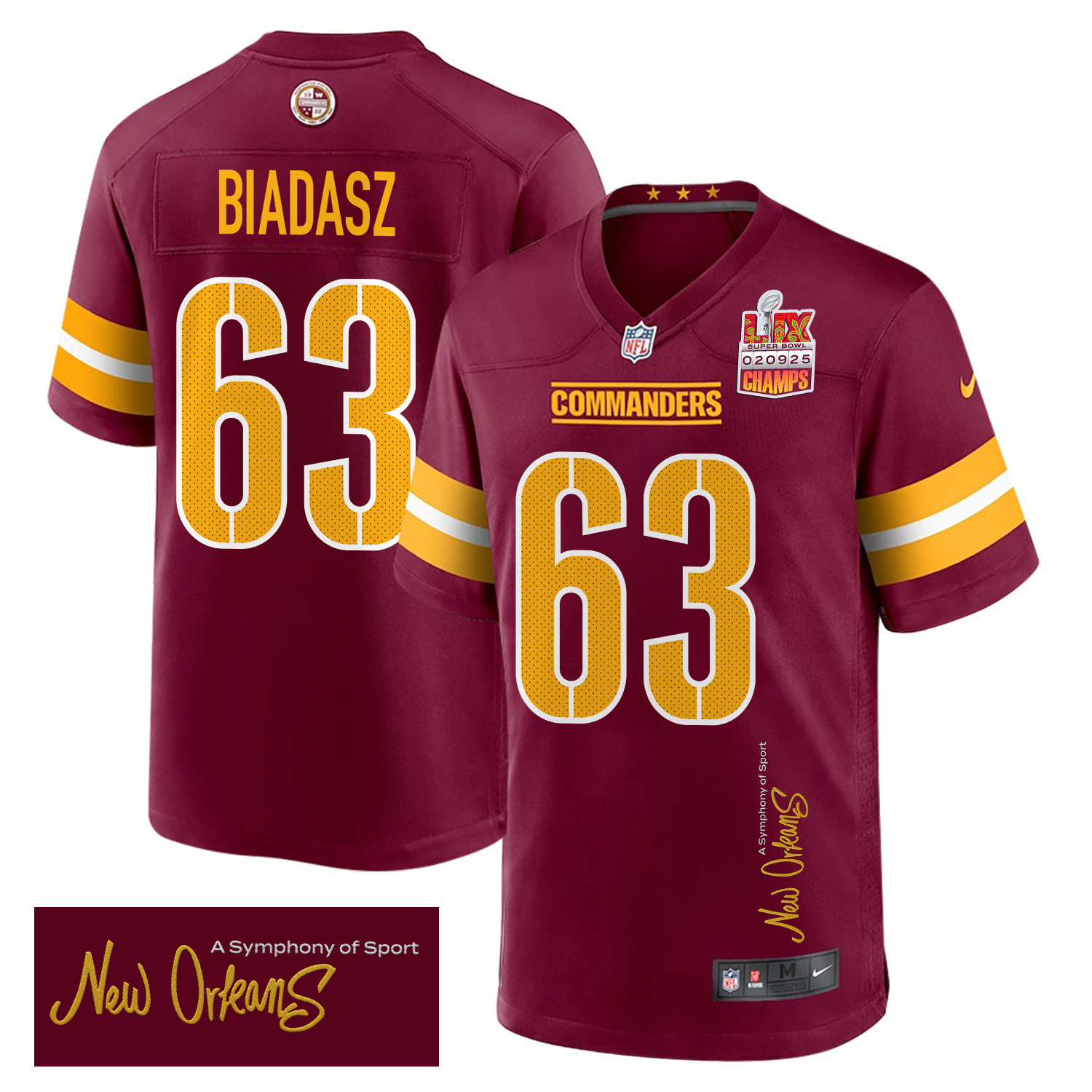 Tyler Biadasz 63 Washington Commanders Super Bowl LIX Champions Patch 'New Orleans - A Symphony of Sport' EMBROIDERED Game Men Jersey - Burgundy